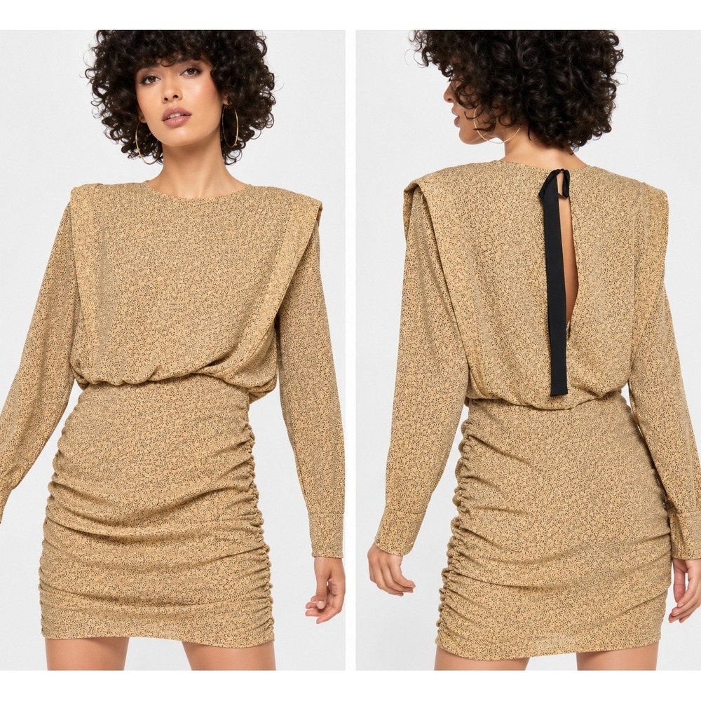 Ted Baker London Quinci Mini Dress Shoulder Detail Ruched Tan Black Sz 2 US 4-6